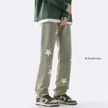 Vibe Мужские прямые джинсы в стиле хип-хоп со звездным принтом, трендовые нейтральные джинсовые брюки, уличная одежда, мужские брюки American Jeans, большой размер 5XL Изображение 2
