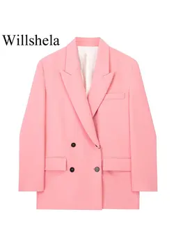 Willshela Женская мода с карманами, Розовый двубортный блейзер, винтажный женский офисный блейзер с вырезанным вырезом и длинным рукавом
