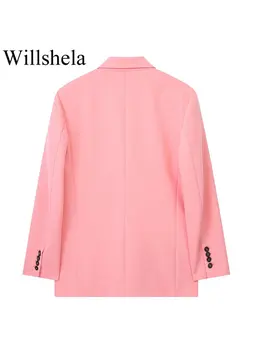 Willshela Женская мода с карманами, Розовый двубортный блейзер, винтажный женский офисный блейзер с вырезанным вырезом и длинным рукавом Изображение 2