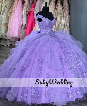 Бальное платье принцессы лавандового цвета, пышные платья с бантом, кружевные аппликации с открытыми плечами, Бисер, платье Sweet 16 Vestidos De 15 Anos