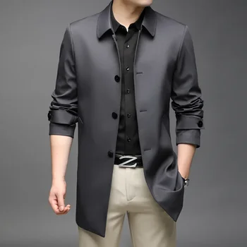 Весенне-осенний новый тренч для мужчин средней длины, деловой, повседневный, однобортный, с воротником-поло, однотонное пальто Изображение 2