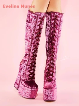 Винтажные замшевые сапоги до колена на платформе, Женские однотонные, с круглым носком, на массивном каблуке и перекрестным ремешком, осенние модные, сексуальные розово-красные туфли больших размеров Изображение 2