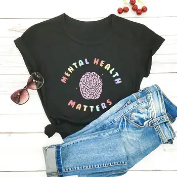 Вопросы психического здоровья, Женская футболка из 100% хлопка с цветным принтом, Летние повседневные топы с круглым вырезом и коротким рукавом, специальные футболки Изображение 2