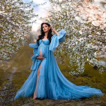 Гламурные синие вечерние платья с открытыми плечами, халаты для беременных трапециевидной формы для фотосессии, сексуальные платья для душа с длинными рукавами и разрезом спереди