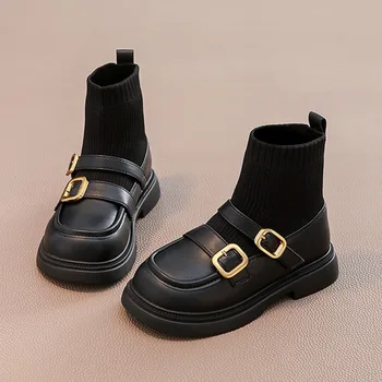 Демисезонные однотонные модные детские ботинки из искусственной кожи с пряжкой, вязаные лоскутные ботильоны для девочек, детские носки без застежки, ботинки с мягкой подошвой Изображение 2