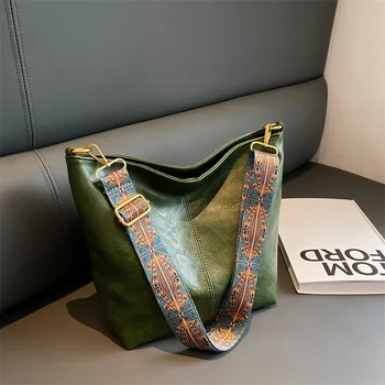 Женская винтажная сумка через плечо 4 однотонных цвета, сумка с геометрическим ремешком, сумка через плечо большой емкости для школьной сумки, новинка 2024 года Изображение 2