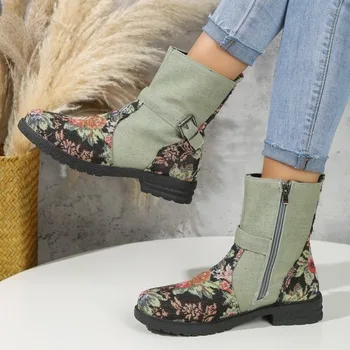 Женская обувь 2023 г., Высококачественные Зимние Женские ботинки средней длины с пряжкой, Разноцветные Модные ботинки на низком каблуке с круглым носком на молнии
