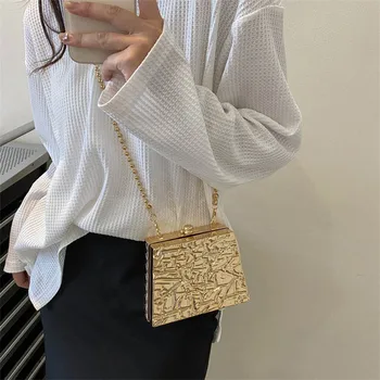 Женская сумка, модная золотая сумка-футляр, сумочка для женщин, модная вечерняя сумка-мессенджер на плечо, женская сумочка-клатч на металлической цепочке, Изображение 2