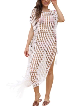 Женские пляжные накидки, вязаные крючком, Прозрачное платье с разрезом и кисточкой для бикини, купальник, летняя одежда Изображение 2