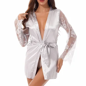Женские сексуальные халаты С длинным рукавом, кружевное атласное кимоно, халат, ночное белье, Летний халат для невесты, ночной халат Изображение 2