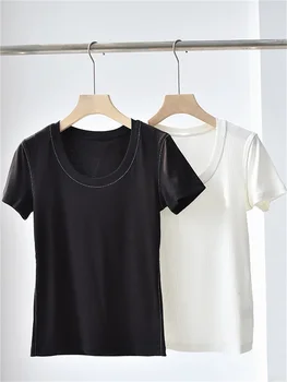 Женские футболки С круглым вырезом, расшитые бисером, Тонкие Летние Однотонные универсальные футболки 2023