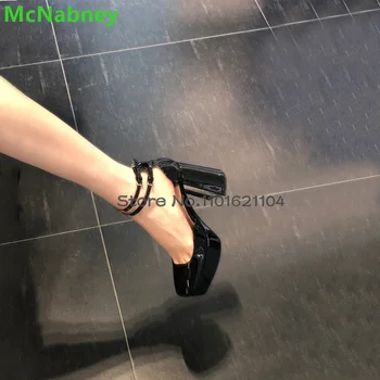 Женские черные туфли-лодочки на платформе и массивном каблуке, ремешок с пряжкой на щиколотке, квадратный носок, Лакированная кожа, Элегантные милые Сексуальные модельные туфли Изображение 2