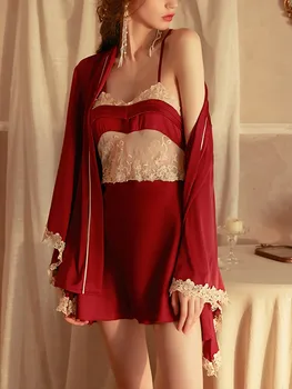 Женский бордовый халат из 2 предметов, комплекты халатов, Сексуальная ночная рубашка с V-образным вырезом, Кимоно, Свадебное белье для невесты, халат, пижамы, Повседневная домашняя одежда