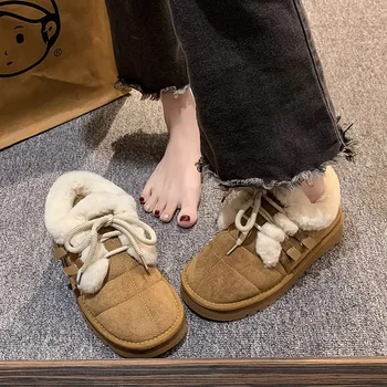Зимние ботинки с мехом, женская обувь на плоской подошве с круглым носком, осенние ботинки-Женские плюшевые Зимние 2023, Лолита, женские резиновые