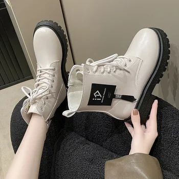 Зимние зимние ботинки с круглым носком и боковой молнией; модная женская обувь из искусственной кожи на квадратном каблуке; коллекция 2023 года; ботинки Martin на шнуровке