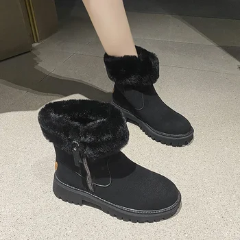 Зимние меховые ботинки Женская удобная теплая флисовая хлопчатобумажная обувь Повседневная однотонная обувь с боковой молнией Zapatos De Mujer Изображение 2