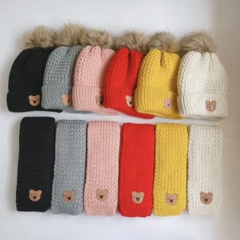 Зимняя детская шапка, шарф, Комплект вязаных теплых шапок для мальчиков и девочек, зимняя шапка для мальчиков, Детская шерстяная шапка