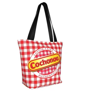 Изготовленные на заказ холщовые сумки для покупок с логотипом Pig Cochonou, женские моющиеся сумки-тоут для покупок с продуктами Изображение 2