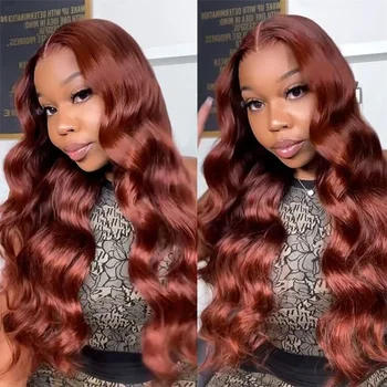 Красновато-коричневая объемная волна, парики из человеческих волос на кружеве 13x4, предварительно выщипанные цветные парики на кружеве HD для чернокожих женщин 180 плотности Изображение 2