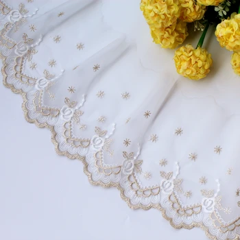 Кружевная ткань с мягкой цветочной вышивкой, Тюль, белая с золотой нитью, Гипюровая аппликация, для шитья свадебного платья Изображение 2