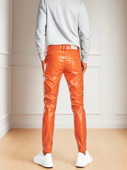 Легкие мужские оранжевые кожаные брюки, подходящие для ночных клубов и выступлений, модные и приталенные, сексуальные и удобные Изображение 2