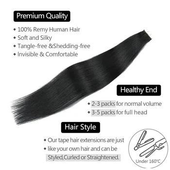 Лента для наращивания волос, натуральные волосы # 1B, натуральный черный, 20шт, искусственная лента для наращивания человеческих волос, бесшовное наращивание настоящих волос Изображение 2
