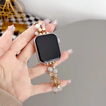 Металлический ремешок для Apple watch band с опалом и жемчугом, браслет-цепочка для iwatch98765Ultra38 40 41 42 44 45 49 мм, женское запястье с бабочкой Изображение 2
