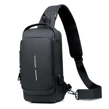 Многофункциональная нагрудная сумка из лакированной кожи для мужчин, водонепроницаемая мужская сумка через плечо, противоугонная дорожная сумка, мужская нагрудная сумка для зарядки через USB Изображение 2