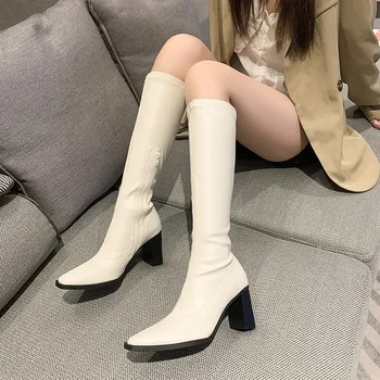 Модные женские ботинки на высоком каблуке с квадратным носком, новые кожаные ботинки в осенне-зимнем стиле