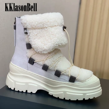Модные Зимние ботинки KKlasonBell, увеличивающие рост, женские ботильоны из натуральной кожи с начесом в стиле пэчворк и завязками