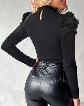 Модный и атмосферный стиль 2024, женская блузка ранней весны, повседневная, с имитацией шеи, с длинным рукавом, вышитая бисером, полый топ с пышными рукавами Изображение 2
