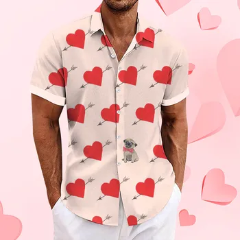 Мужская стильная повседневная рубашка с лацканами и пуговицами с принтом, топы на День Святого Валентина, кардиган, блузки, повседневная рубашка Оверсайз, красивые мужчины Изображение 2