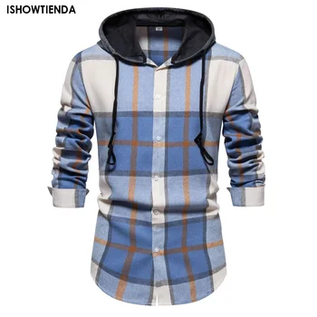 Мужские рубашки, осенние модные повседневные рубашки в клетку, высококачественный пуловер с длинным рукавом, рубашка с капюшоном, зимний мужской топ Roupas Maculinas