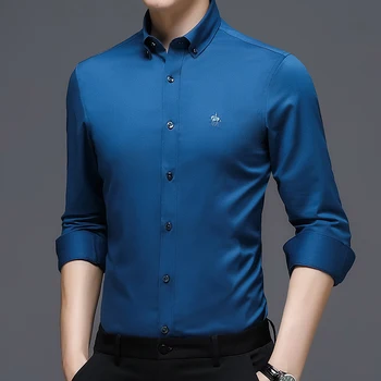 Мужские рубашки против морщин из бамбукового волокна, стрейчевые, с длинным рукавом, приталенные, Camisa Social Business, блузка, рубашка S-4XL