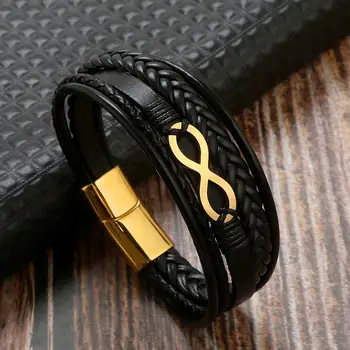 Новый многослойный мужской кожаный браслет с символом Бесконечности из нержавеющей стали, Модные классические браслеты для мужчин, ювелирные изделия в подарок