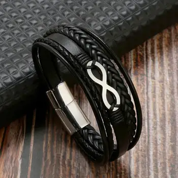 Новый многослойный мужской кожаный браслет с символом Бесконечности из нержавеющей стали, Модные классические браслеты для мужчин, ювелирные изделия в подарок Изображение 2