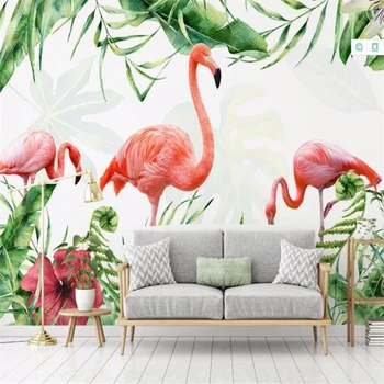 обои на заказ beibehang 3d фотообои скандинавский минимализм рисованный фламинго тропические листья фон для гостиной обои