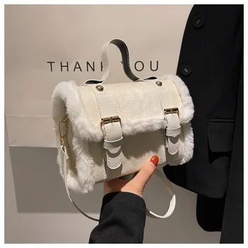 Осенне-зимние женские сумки через плечо из овечьего плюша для отдыха 2023, новая модная сумка-мессенджер через плечо, простая черная квадратная сумка
