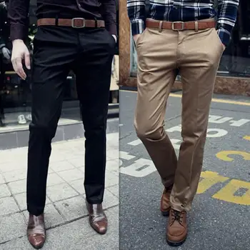 Осенние брюки Стильные мужские деловые брюки приталенного покроя, дышащие Мягкие брюки со средней талией, с карманами, застегивающимися на пуговицы-молнии, однотонные Изображение 2