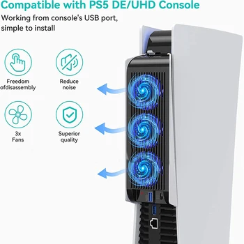 Охлаждающий вентилятор IINE PS5 с регулируемой температурой, Модернизированный вентилятор Cooler с концентраторами USB3.0, Совместимый с PS5 Disc & Digital Edition Изображение 2