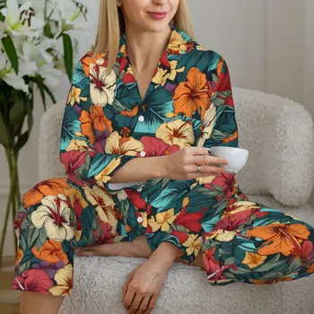 Пижамные комплекты Tropical Hibiscus С цветочным принтом, Модная Одежда для сна, женские пижамы с длинными рукавами в стиле ретро Для отдыха, 2 предмета, пижамы Большого размера Изображение 2