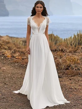 Платье невесты с глубоким V-образным вырезом, Короткие рукава, аппликации, пуговицы сзади, Свадебные платья 2023, Простой шифоновый шлейф, Vestido De Novia