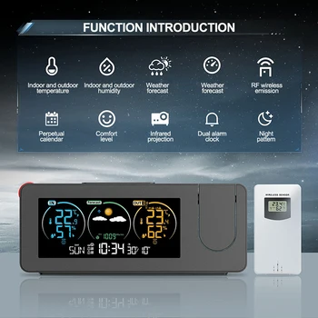 Проекционная Метеостанция, Внутренний Наружный термометр с датчиком, прогноз погоды, Температура, Влажность, Цифровой будильник