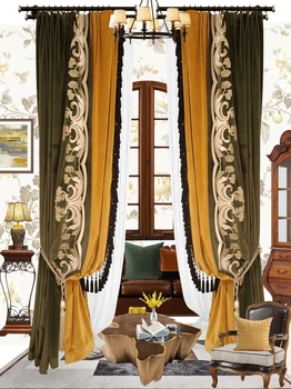 Ретро-зеленая Бархатная вышивка, Сращивание Утолщенных затемняющих штор для гостиной, спальни, виллы с высоким окном на заказ Изображение 2