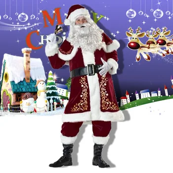 Рождественский костюм Санта-Клауса Пара Косплей Рождественский костюм Санта-Клауса Красный Роскошный Бархатный маскарадный костюм для Рождественской вечеринки для взрослых Изображение 2