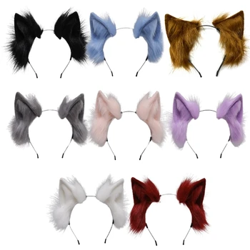 Ручная работа для кошек с ушками из искусственного меха, повязка на голову, однотонный плюшевый обруч для волос животных, аниме Маскарадный костюм для вечеринки, косплей Костюм