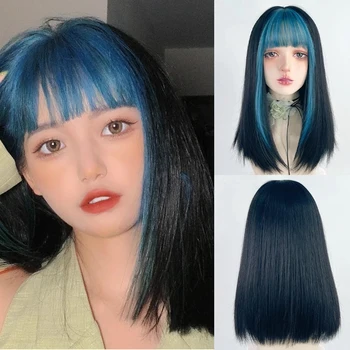 Синтетический синий Омбре Микс средней длины, прямой парик с челкой, косплей Лолиты, парик из натуральных женских волос для ежедневной вечеринки