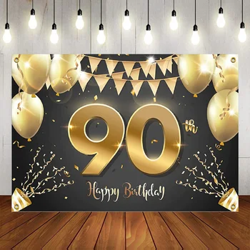 Фон для фотосъемки баннера из черного золота 90-х годов Воздушные шары Корона Конфетти Приветствия 90-летний декор Юбилейный фон баннера