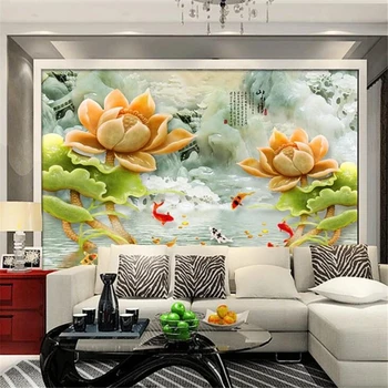 фотообои wellyu на заказ 3d фрески резьба по нефриту горная вода фигурка рыбы-лотоса гостиная обои фоновые обои