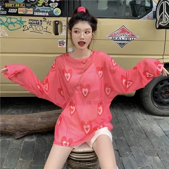 Футболки Оверсайз Женская одежда Летние футболки с принтом и длинным рукавом Модные прозрачные топы из марли Корейская сексуальная повседневная футболка